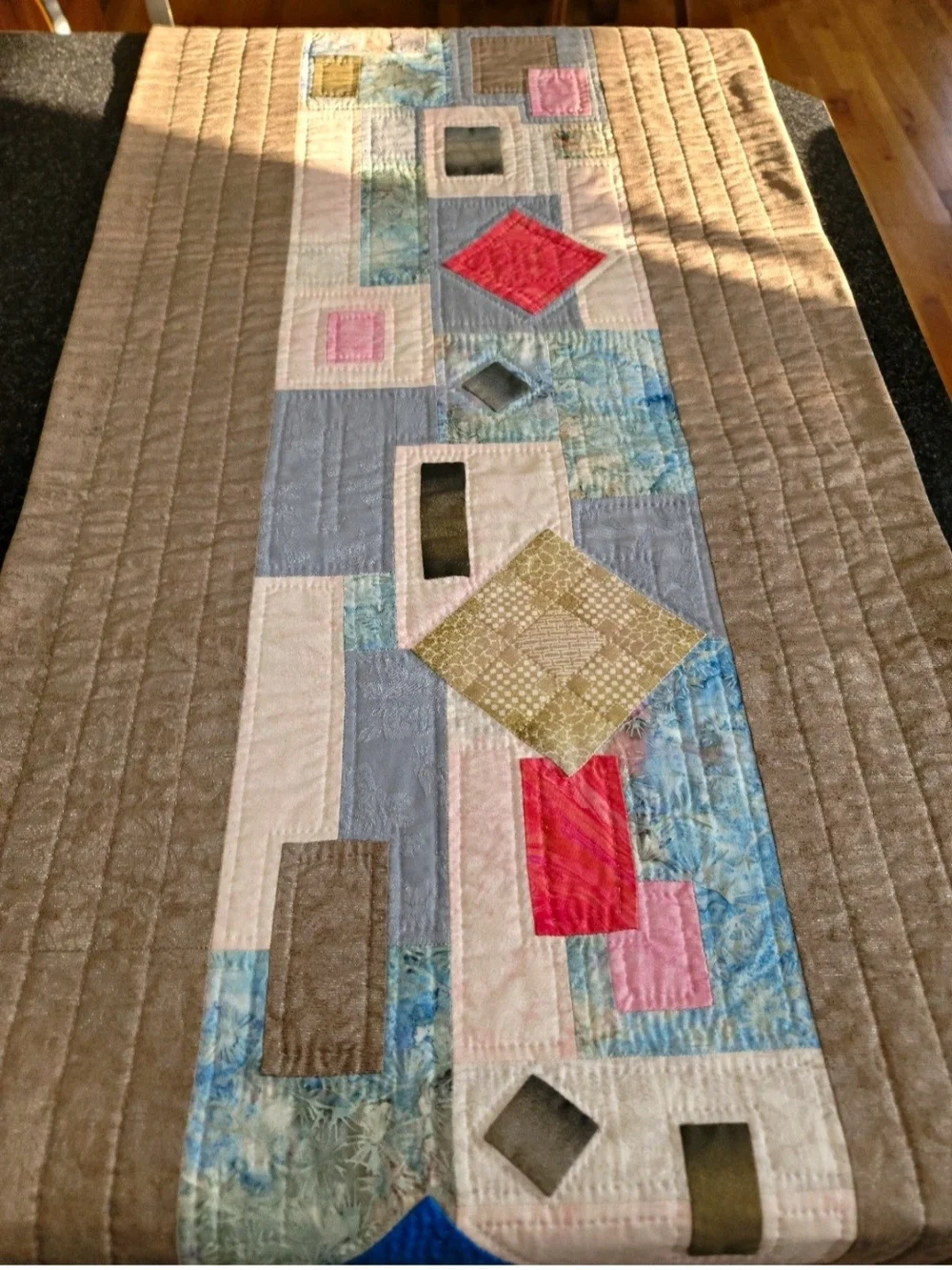 Modern Geometric Quilt Table Runner in Beige, Blue, Pink